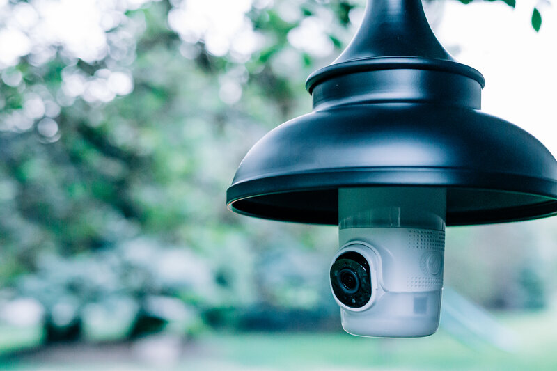 LightCam camera installed in a black outdoor pendant light fixture