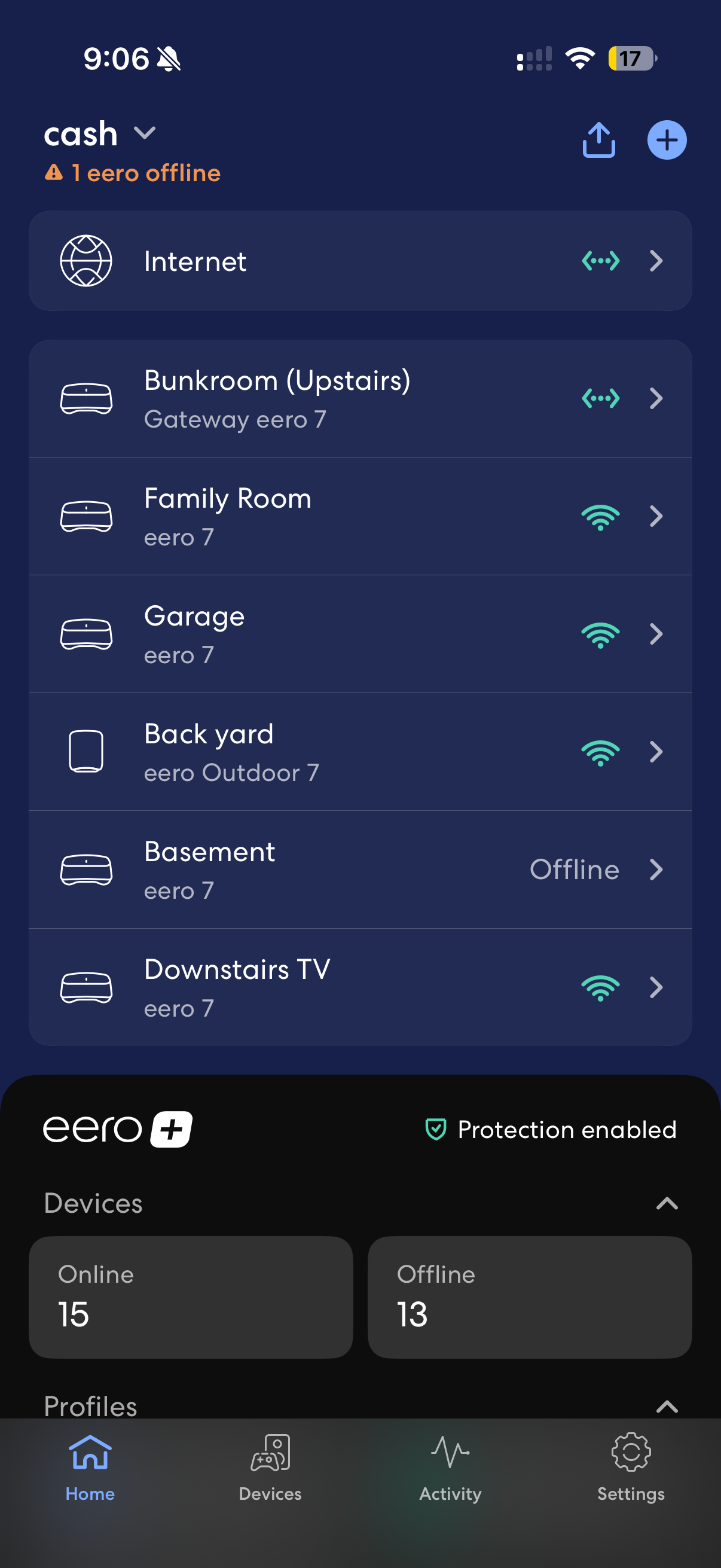 Eero app home — tap Settings (gear)